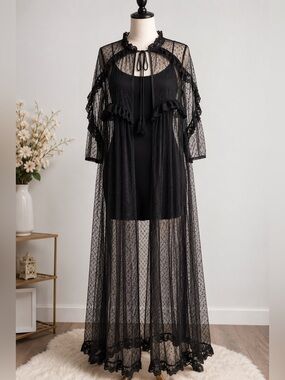 VONDA Black Sheer Mesh Lace Maxi Duster Dress Polka Dot Gothic Boho L